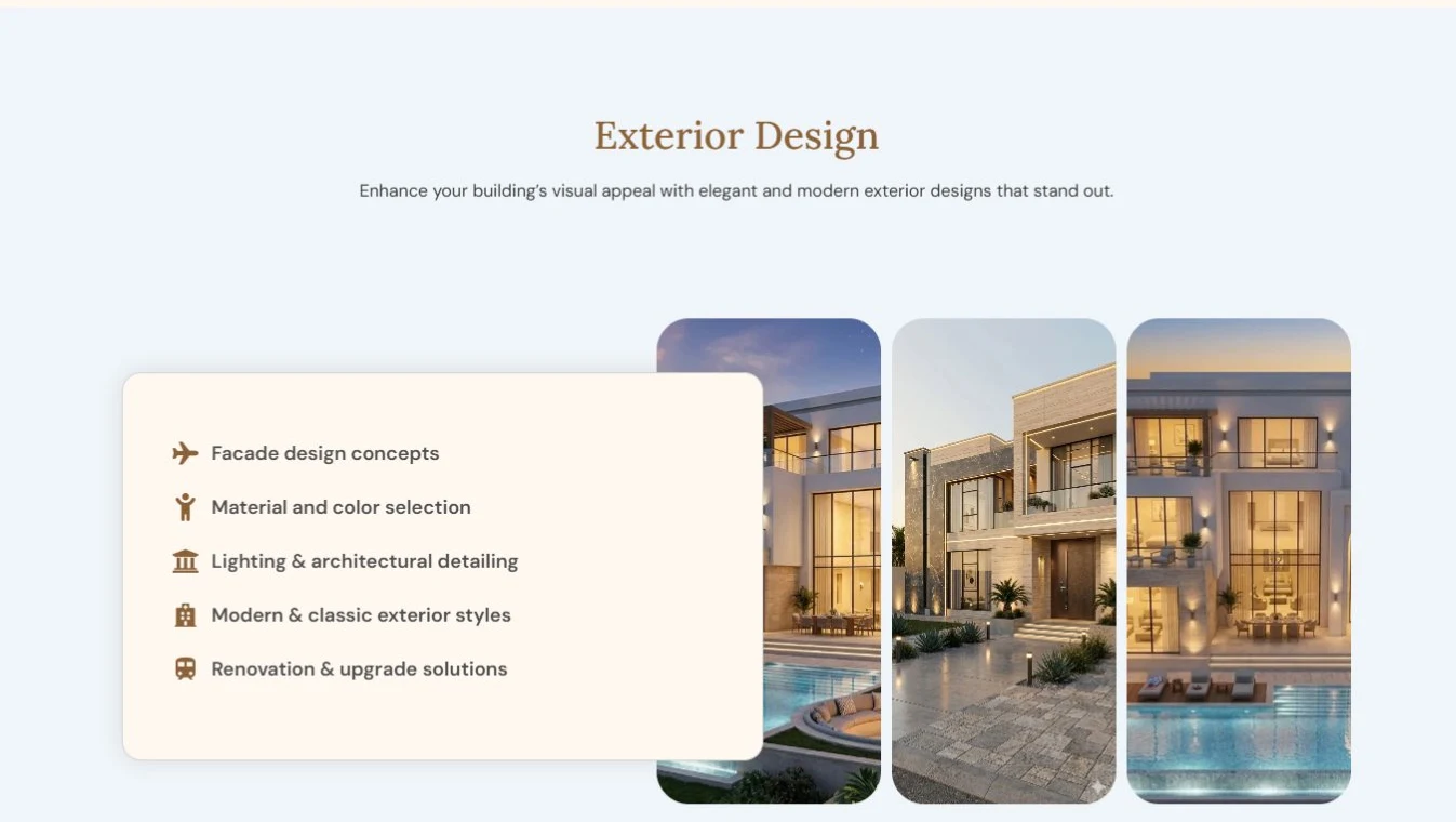Desktop Exterior Design section: a cream info card with five icon list items floating over and overlapping the left edge of a three-photo strip of villa exteriors
