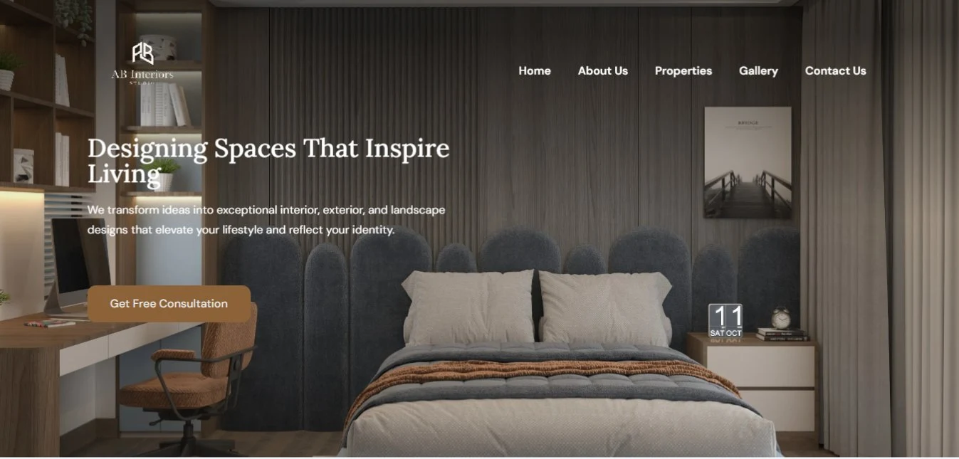 AB Interiors homepage hero: Designing Spaces That Inspire Living, over a dark bedroom interior photo, with a Get Free Consultation button and full navigation