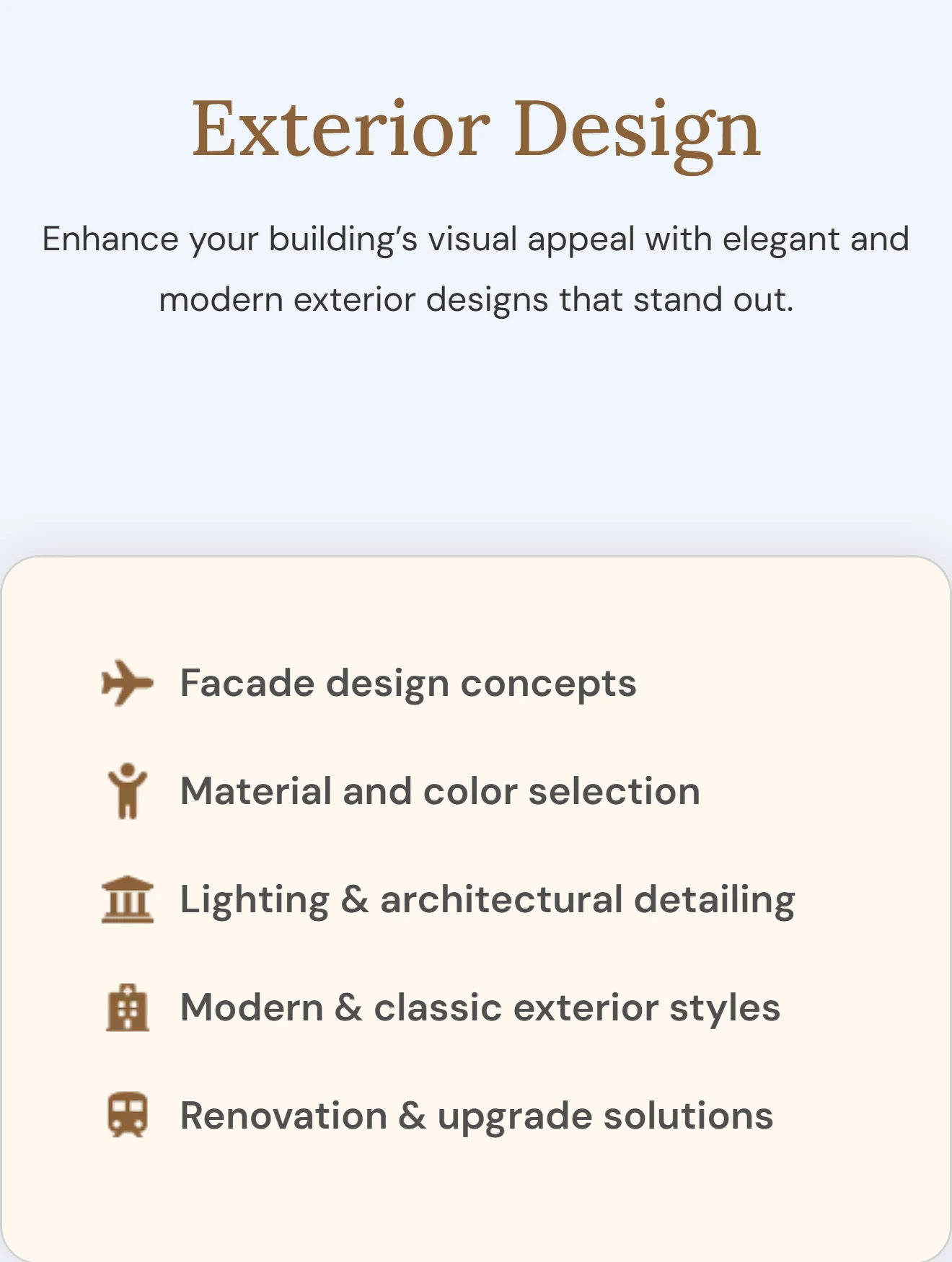 Mobile Exterior Design section: the same cream info card stacked full width above the three-photo strip, with no overlap
