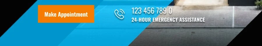 Desktop hero bottom bar: an orange Make Appointment button next to a phone number and 24-hour emergency assistance line