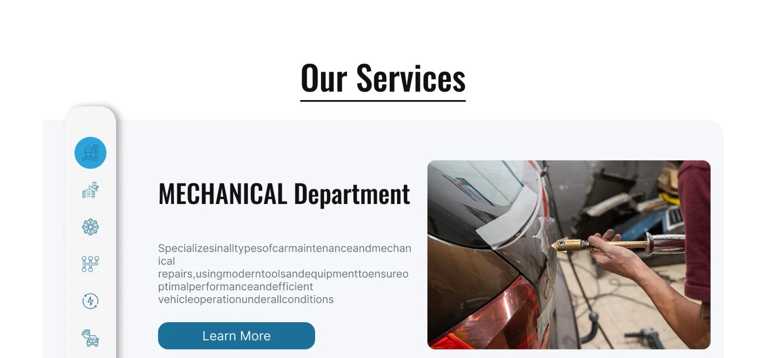 Our Services section: a vertical icon tab bar with the Mechanical Department tab active in cyan, next to a Mechanical Department panel with description and a real repair photo