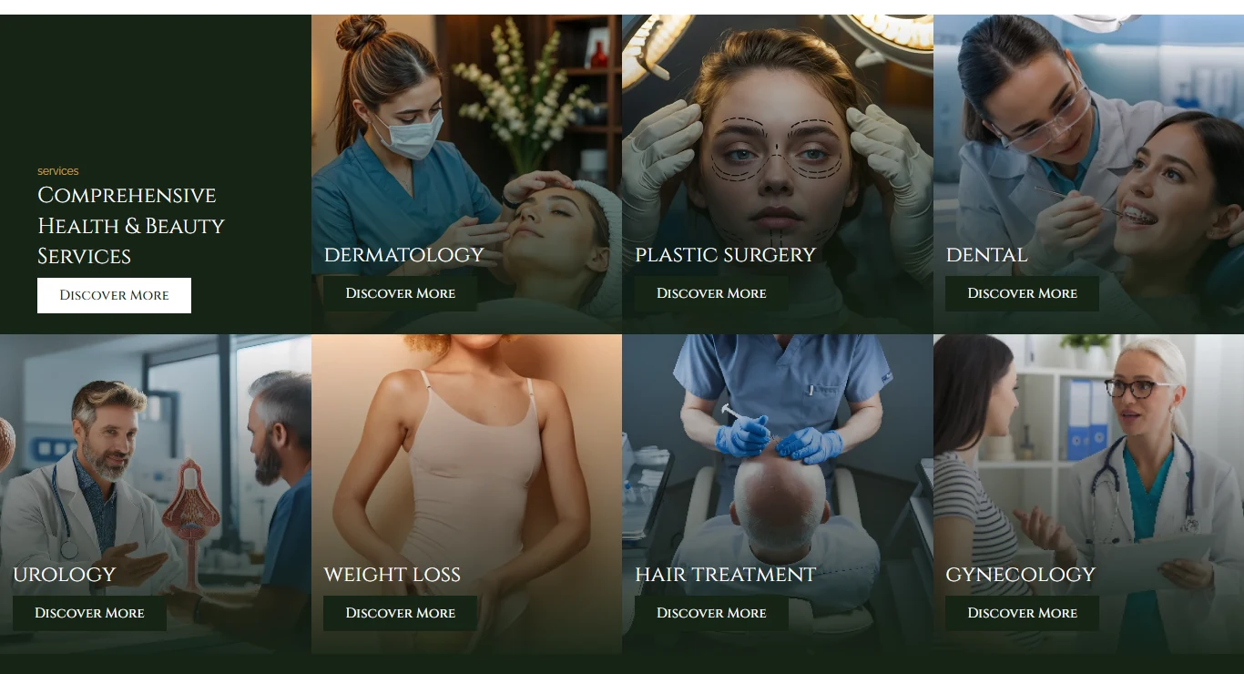 Desktop services grid: a dark intro tile beside four columns of specialty cards — Dermatology, Plastic Surgery, Dental, Urology, Weight Loss, Hair Treatment, Gynecology