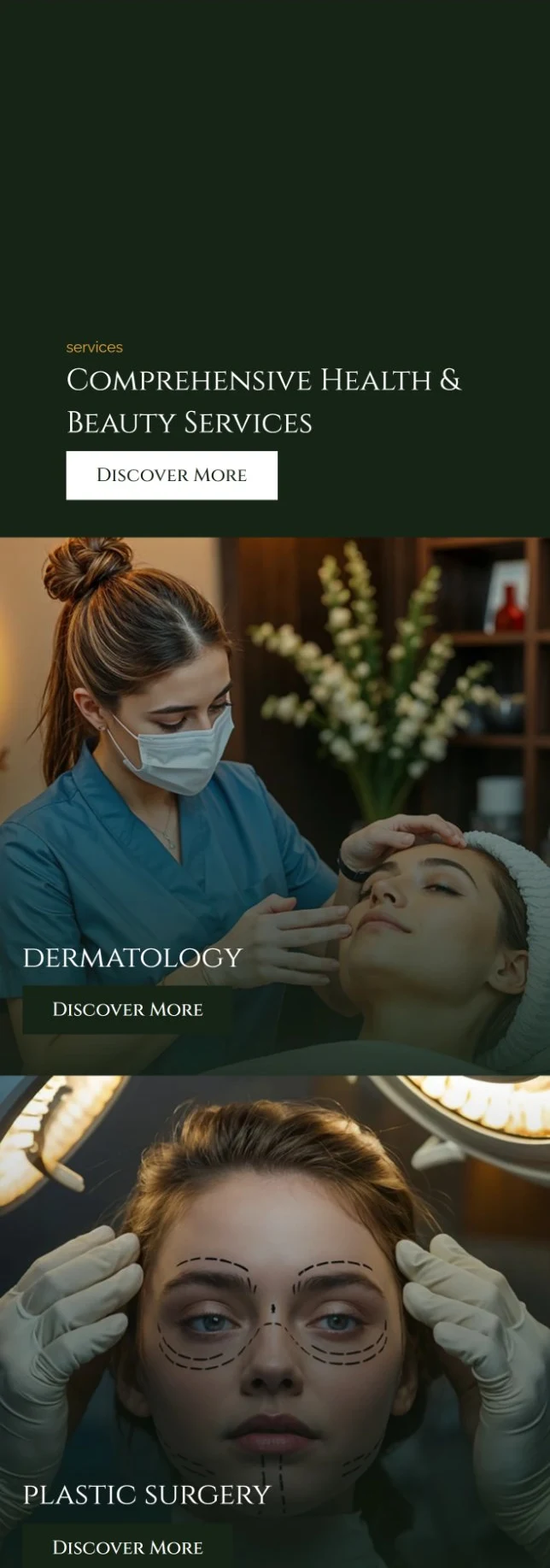 Mobile services view: the same intro tile followed by full-width Dermatology and Plastic Surgery cards, stacked one above the other
