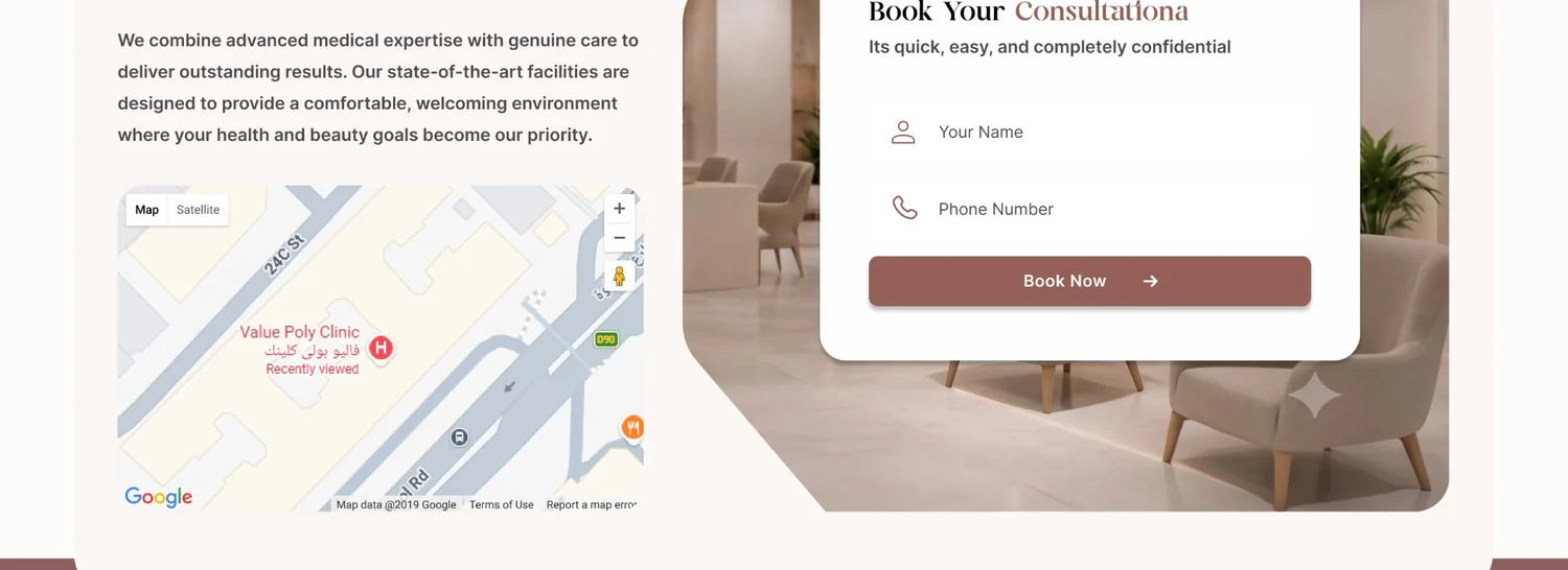 Embedded Google map pinned to Value Poly Clinic next to a short booking form with name and phone fields