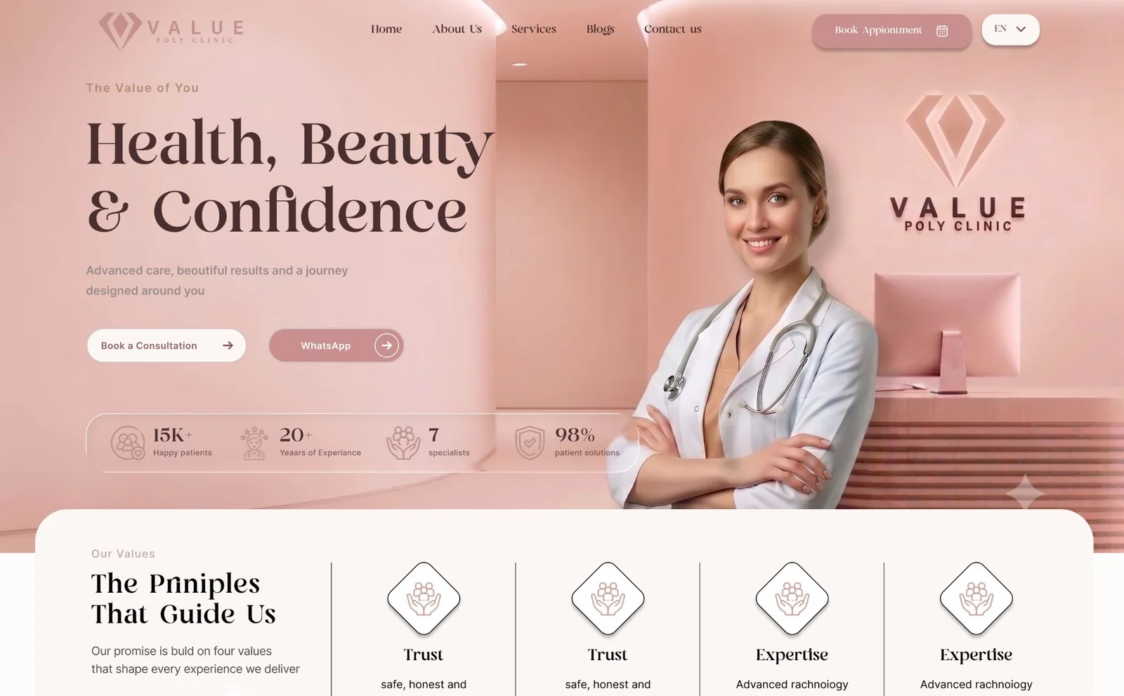 Value Poly homepage hero: Health, Beauty & Confidence, with a stat strip and dual Book a Consultation / WhatsApp buttons