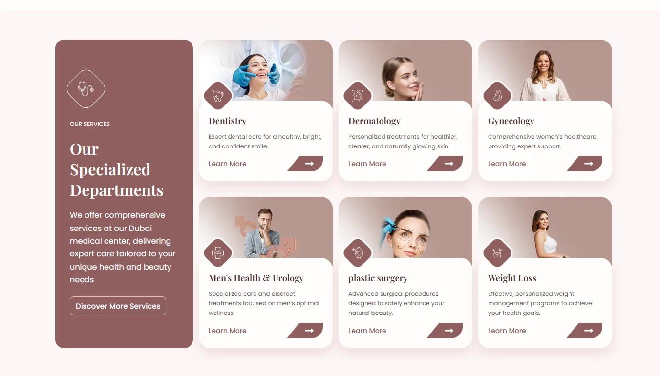 Desktop specialty grid: six service cards for Dentistry, Dermatology, Gynecology, Men's Health, Plastic Surgery and Weight Loss, all visible at once